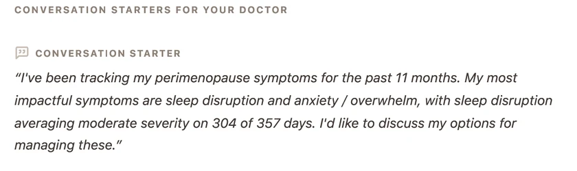 Sample conversation starter the report drafts for the appointment, quoting the patient's own numbers