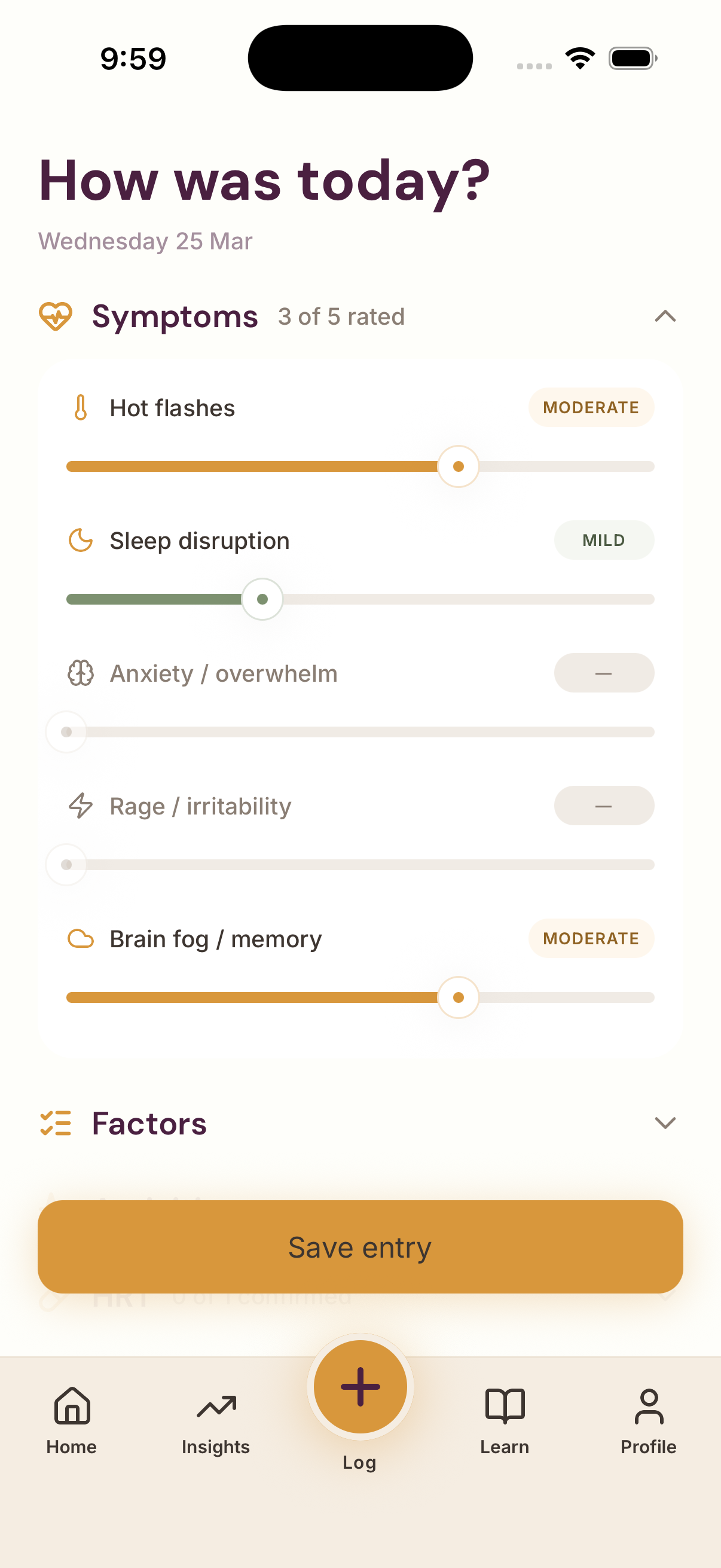 Sulu daily check-in — rate symptom severity with quick sliders