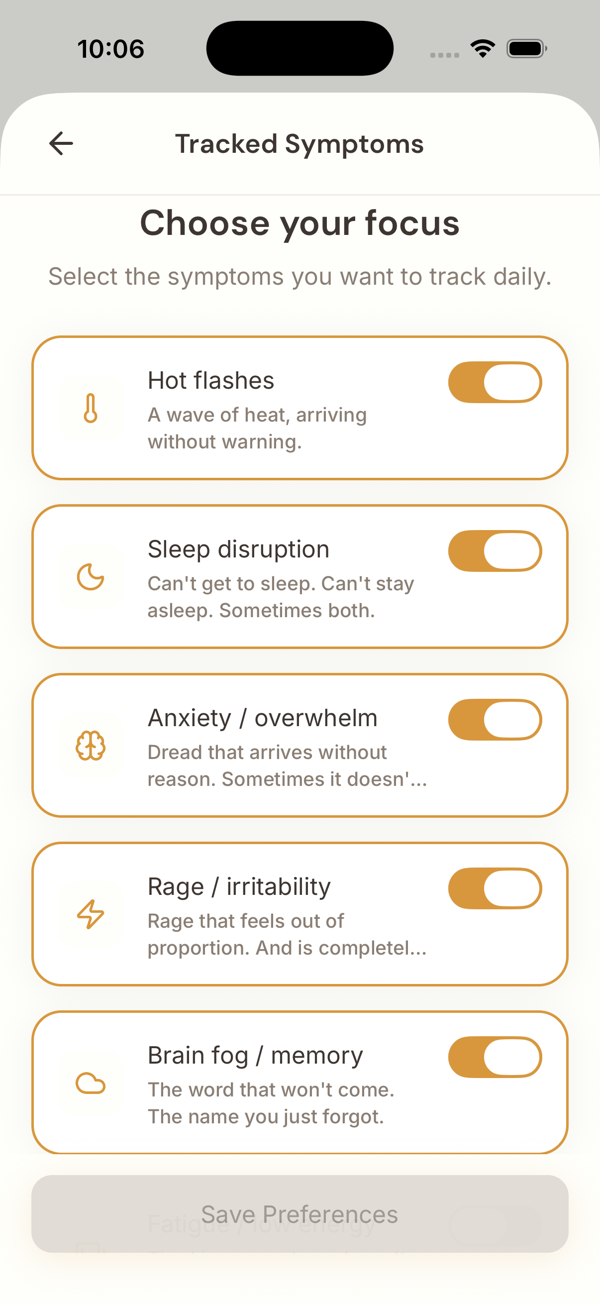 Sulu symptom picker — choose which perimenopause symptoms to track daily